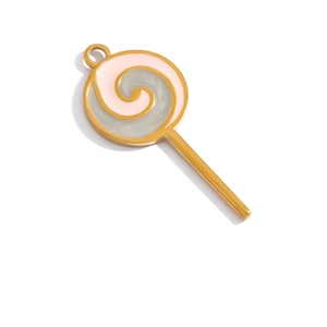 Pink and grey enamel lollipop pendant in 18K gold plated stainless steel for DIY jewelry