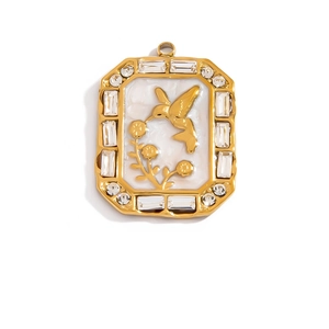 Detail of 18K gold-plated hummingbird pendant with inlaid zircons and floral relief