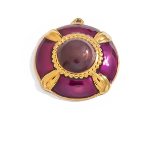 Detail view of 18K gold plated round pendant with purple enamel and center stone