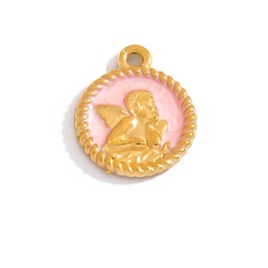 Macro detail of round 18K gold angel pendant with pink enamel and rope texture edge
