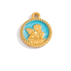Macro detail of a round 18K gold angel pendant with light blue enamel and rope edge