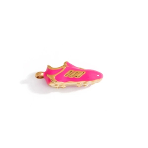 Detailed close-up of a soccer shoe pendant with pink enamel finish and golden metal studs