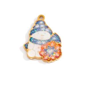 Detailansicht vom Schneemann-Anhänger mit buntem Glitzer, blauem Hut und Goldbeschichtung