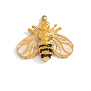 Golden stainless steel honey bee pendant with black and white enamel wings and body