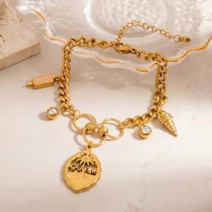 18K gold plated stainless steel Cuban chain bracelet with tropical summer charms and zircons