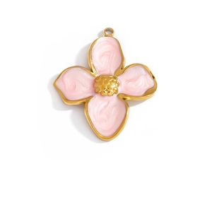 Detail of pink four-petal flower pendant with gold plating and swirl texture petals