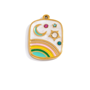 Detail of 18K gold-plated rectangular pendant with colorful enamel rainbow and moon pattern