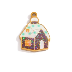 Weihnachtlicher Lebkuchenhaus-Anhänger aus 18K vergoldetem Stahl mit buntem Emaille-Dekor