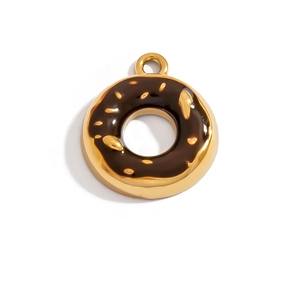 Detailed macro view of gold-plated donut pendant with chocolate glaze and sprinkle texture