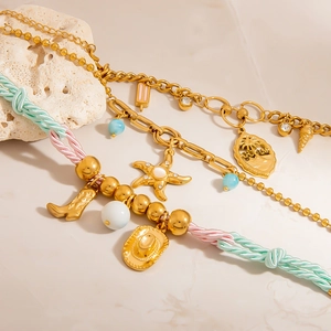 18K gold stainless steel bracelet set with shell, boot pendants and colorful braided rope