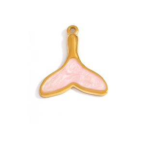 Polished 18K gold whale tail pendant with pink marble inlay for DIY jewelry