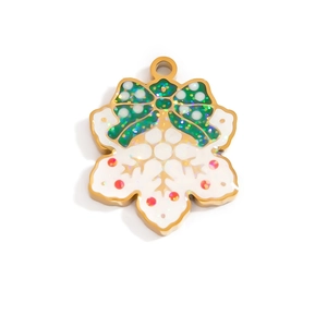 Weihnachts-Schneeflockenanhänger mit grüner Schleife und Glitzer auf Emaille