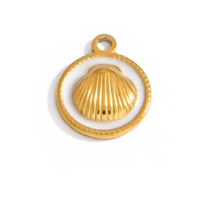 Macro detail of gold-plated round shell pendant with elegant twisted rope border