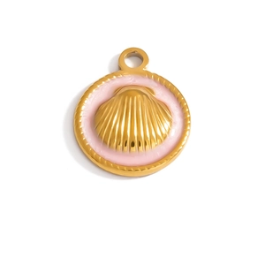 Close-up of a vintage golden stainless steel pendant with a pink enamel scallop shell