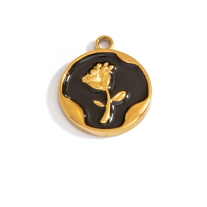 Close-up of golden stainless steel rose pendant with black enamel oil painting finish