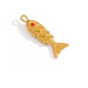 Articulated gold fish pendant with red gemstone eye and detailed bohemian fish scales