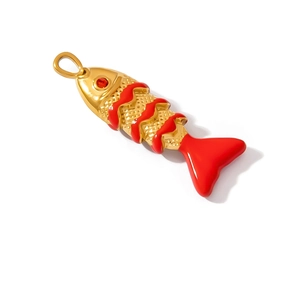 Golden stainless steel fish pendant with red wave enamel and gemstone for DIY jewelry