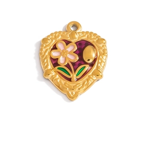 Vintage heart pendant with floral enamel design in purple and gold finish