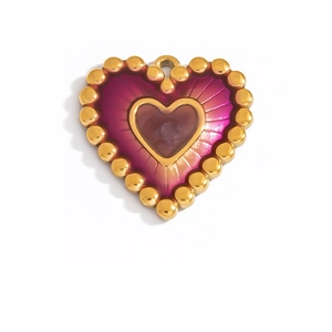 18K gold plated stainless steel heart pendant with purple enamel and beaded edge