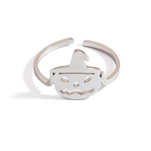 Adjustable stainless steel Halloween ring featuring a cutout pumpkin and wizard hat design
