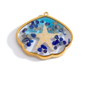 Ocean style starfish shell pendant with 18K gold plated frame and blue resin inlay