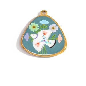 Vintage enamel pendant with white dove and floral motifs on teal stainless steel base