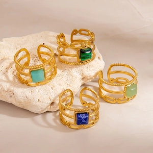 Adjustable multi-layer 18K gold plated stainless steel rings with turquoise gemstone
