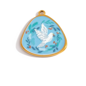Detail of triangular pendant with hand-painted dove and gold frame on white background