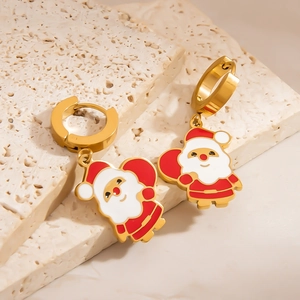 Christmas Santa Claus earrings in gold finish with red enamel on stone display stand