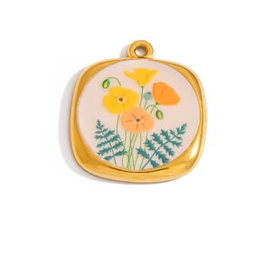 Floral pendant in gold-plated stainless steel with colorful hand-painted flower artwork
