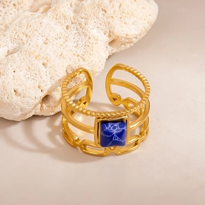 18K gold plated stainless steel wide open ring with square turquoise stone detail