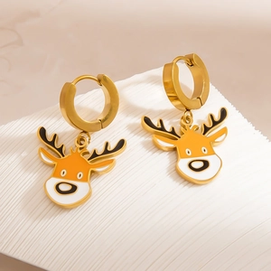 Close-up of reindeer hoop earrings in gold stainless steel with colorful enamel detail