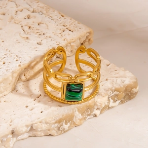 Adjustable gold stainless steel ring with green malachite stone and layered textures