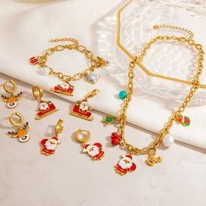 Stainless Steel Christmas Jewelry Collection Gold Plated Reindeer Santa Claus Pendant Necklace Bracelet Earrings Holiday Party
