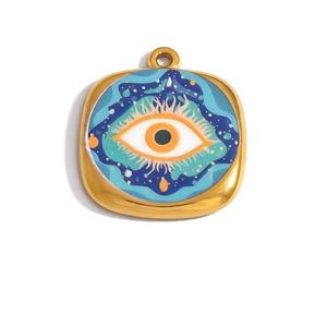 Square gold stainless steel evil eye pendant with blue and green enamel inlay