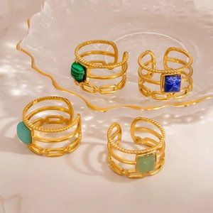 18K gold plated multi-layer stainless steel open ring with turquoise and gemstones