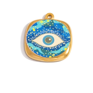 Macro detail of square evil eye pendant in gold with blue enamel art for jewelry making