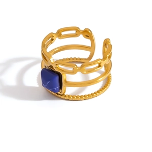 Gold layered open ring with turquoise stone and multi-texture bands for women