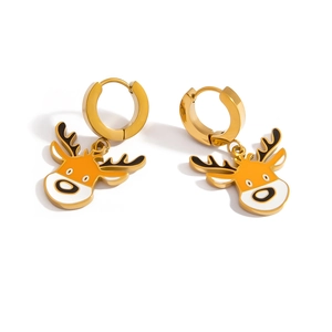 Gold Christmas reindeer hoop earrings with festive orange enamel reindeer head pendants