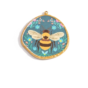 Artistic bee and floral 18K gold-plated stainless steel pendant with colorful resin inlay