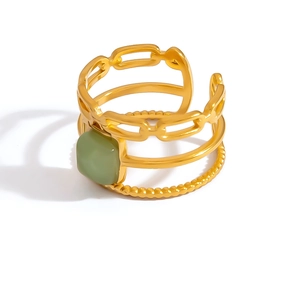 Minimalist gold multi-layer open ring with link chain texture and green gemstone