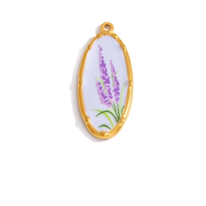 Detailed macro view of golden oval pendant featuring hand-painted lavender on lilac enamel