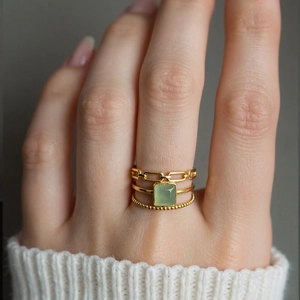 Minimalist Stainless Steel Open Adjustable Ring For Women Gold Plated Hollow Layered Square Artificial Stone Geometric Ring Jewelry