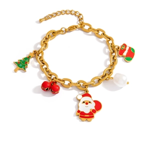 Detailed view of gold Christmas charm necklace with Santa, tree, and bell pendants