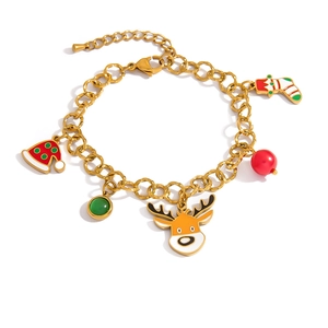 Detail view of festive stainless steel necklace with Santa hat, elk and sock pendants