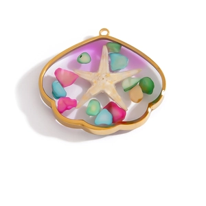 Shell-shaped gold pendant with starfish and colorful resin beads on white background