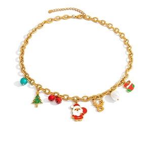 Gold stainless steel Christmas necklace with Santa, reindeer and bell charms on white background