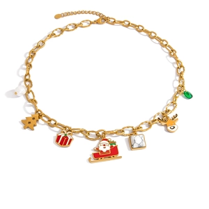 Detail of Christmas necklace with Santa, reindeer, and colorful enamel charms on gold chain