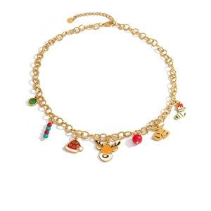 Detail of Christmas necklace featuring reindeer, bells, and socks with enamel finish