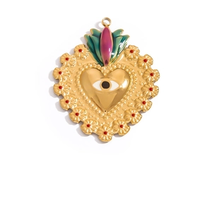 Vintage 18K gold plated heart pendant with evil eye and floral accents on white background